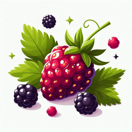 Ripe blackberry and raspberry on white background. Vector illustration.のイラスト素材