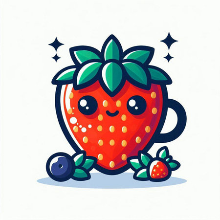 Cute cartoon strawberry character with berries. Vector illustration on white background.のイラスト素材