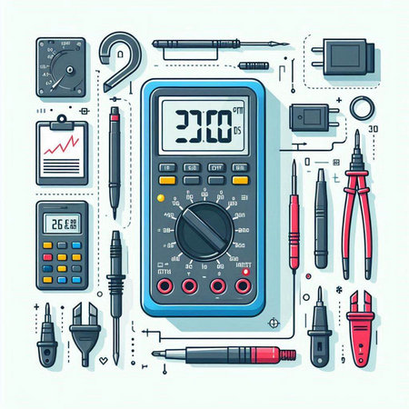 Electrical equipment. Digital multimeter, multimeter, soldering iron, soldering iron, soldering iron, pliers, screwdriver. Vector illustration.のイラスト素材