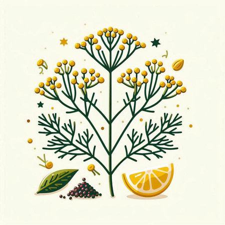 Illustration of fresh dill with lemon and spices. Vector illustration.のイラスト素材