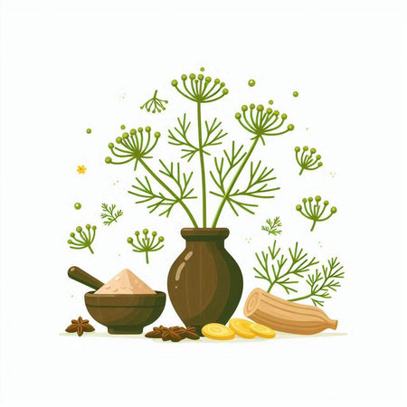 Herbs and spices in a clay vase. Vector illustration.のイラスト素材