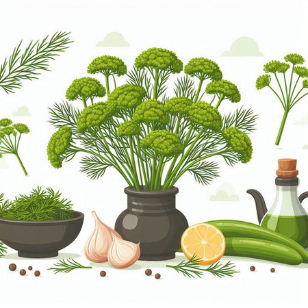 Illustration of fresh dill, garlic, lemon and olive oilのイラスト素材