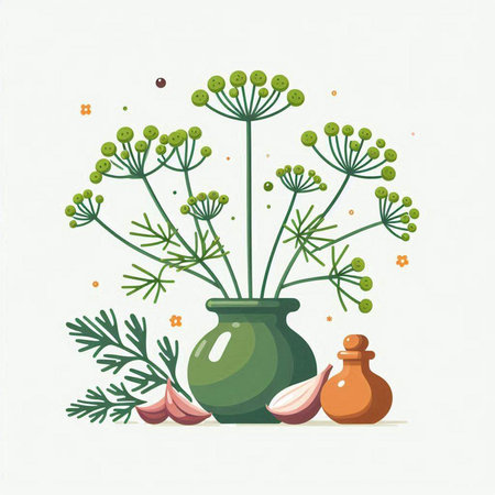 Illustration of dill, garlic, parsley in a vase.のイラスト素材