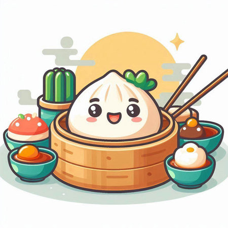 Illustration of Cartoon Chinese Steamed Dumpling Mascot Characterのイラスト素材