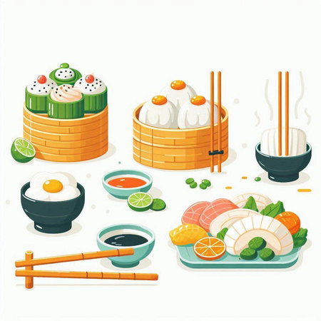 Illustration of Japanese food, set of sushi and rolls with chopsticksのイラスト素材