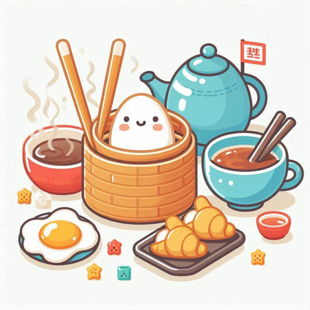 Illustration of Chinese food. Sushi, rice dumplings, dim sum, fried egg, soy sauce, chopsticks and tea set.のイラスト素材