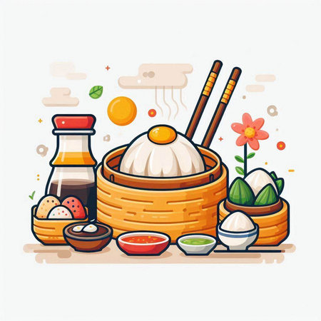 Illustration of chinese food in bamboo basket. Vector illustration.のイラスト素材