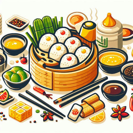 Illustration of japanese food in bamboo basket with chopsticks.のイラスト素材