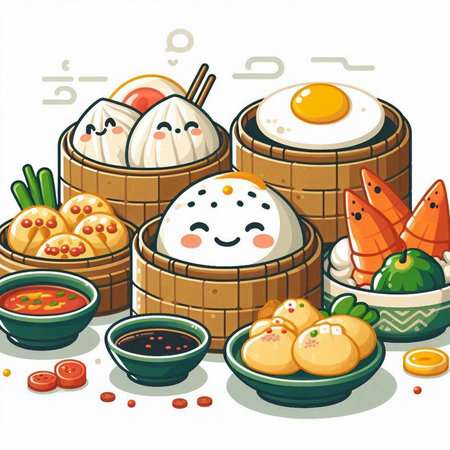 Illustration of a set of chinese food in a cartoon styleのイラスト素材