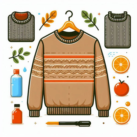 Winter clothing and accessories set. Sweater, sweater, hat, scarf, t-shirt, pants, water bottle, orange. Vector illustration.のイラスト素材