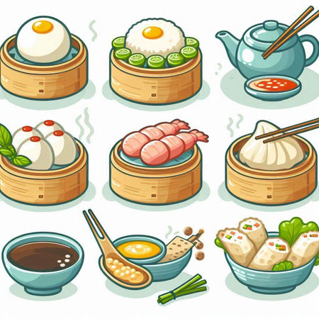 Illustration of a Set of Bamboo Steamed Dumpling and Chinese Foodのイラスト素材