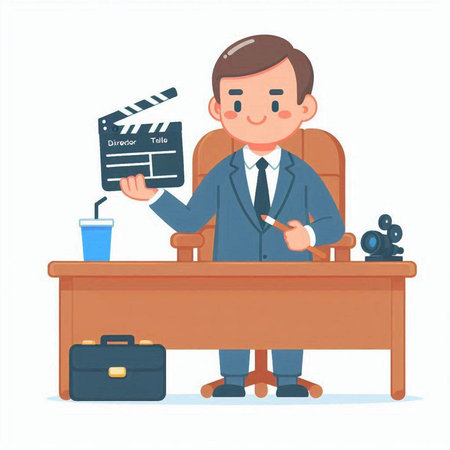 Businessman sitting at desk and holding movie clapper board. Vector illustration.のイラスト素材