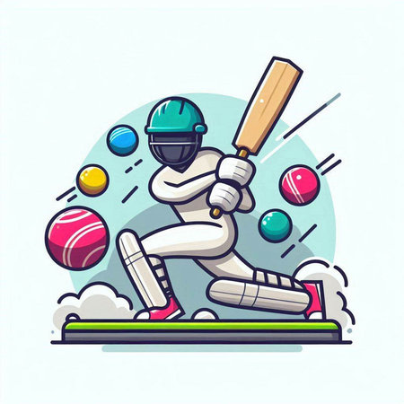 Cricket player playing cricket. Vector illustration in cartoon style.のイラスト素材