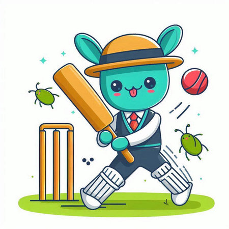 Cricket Character Mascot Design Vector Illustration. Cute Cartoon Styleのイラスト素材