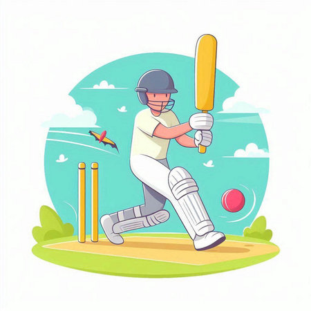 Cricket player in helmet playing cricket on field. Vector illustrationのイラスト素材