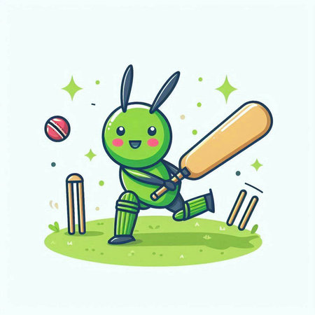 Cricket vector illustration. Cute cartoon green rabbit playing cricket.のイラスト素材