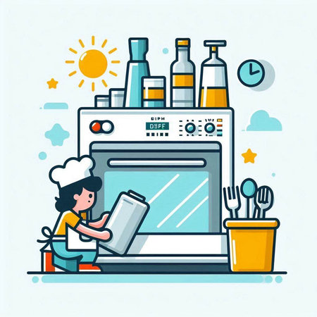 Vector illustration of a woman cooking in the kitchen. Flat line style design.のイラスト素材