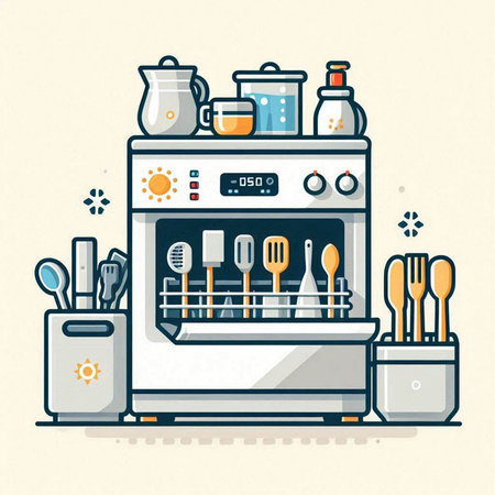 Kitchen utensils and appliances. Vector illustration in flat style.のイラスト素材