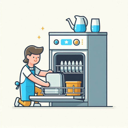 Vector illustration of a man washing dishes in the kitchen at home.のイラスト素材