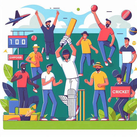 Cricket game. People playing cricket. Flat vector illustration.のイラスト素材