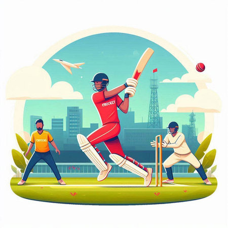 Cricket players playing cricket in the park vector illustration. Batsman batsman player in action.のイラスト素材