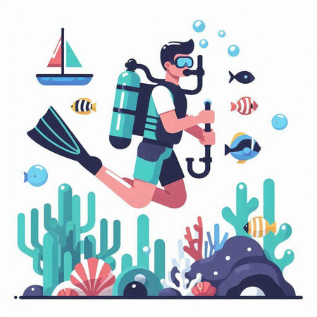 Scuba diving flat vector illustration. Cartoon scuba diver jumping in water with mask, snorkel and flippers.のイラスト素材