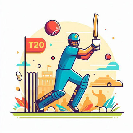 Cricket player batsman in action. Flat vector illustration.のイラスト素材