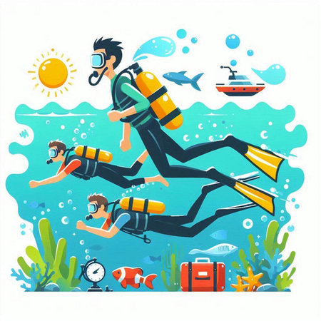 Scuba diving vector illustration. Scuba divers jump into the water.のイラスト素材