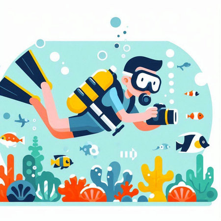 Underwater scuba diving. Flat vector illustration on white background.のイラスト素材