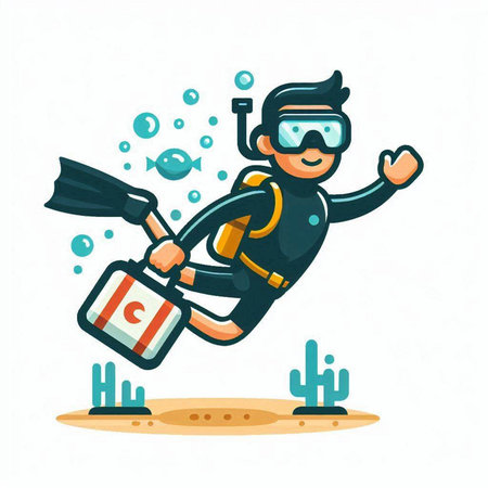 Scuba diver cartoon character. Vector illustration in a flat style.のイラスト素材