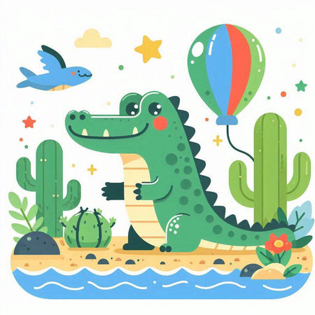 Cute crocodile and cactuses in the desert. Vector illustration.のイラスト素材