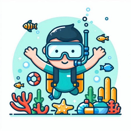Cute boy scuba diving in the sea. Vector illustration.のイラスト素材
