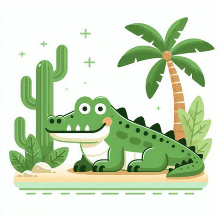 Cute crocodile and cactus. Vector illustration in flat styleのイラスト素材