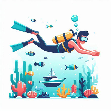 Scuba diving vector illustration. Cartoon scuba diver swimming in the sea.のイラスト素材