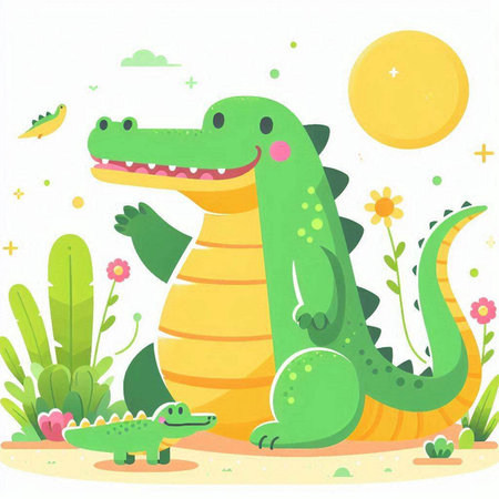 Cute crocodile in the garden. Vector illustration on a white background.のイラスト素材