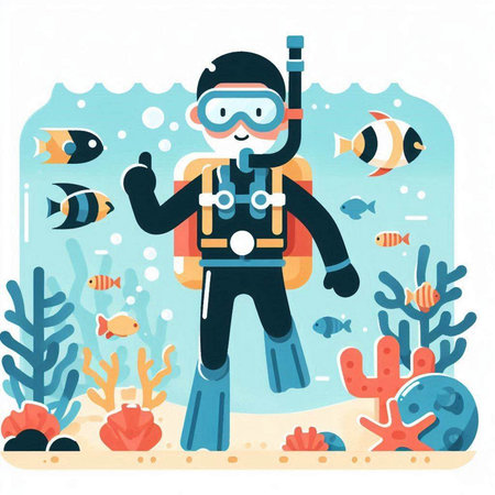 Cute scuba diver on the bottom of the sea, vector illustrationのイラスト素材