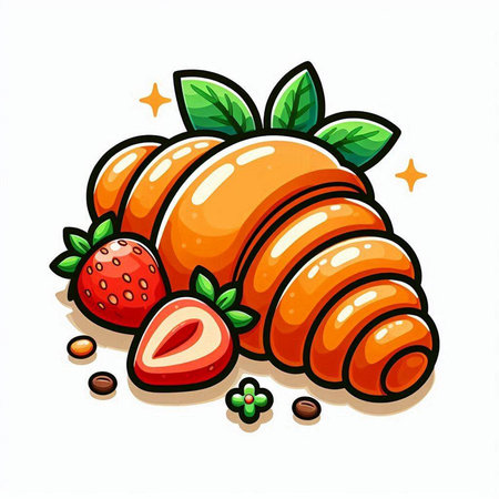 Croissant with strawberry and coffee beans on white background. Vector illustration.のイラスト素材