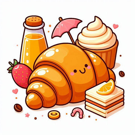 Cute cartoon croissant, orange juice, strawberry, cake and book. Vector illustration.のイラスト素材