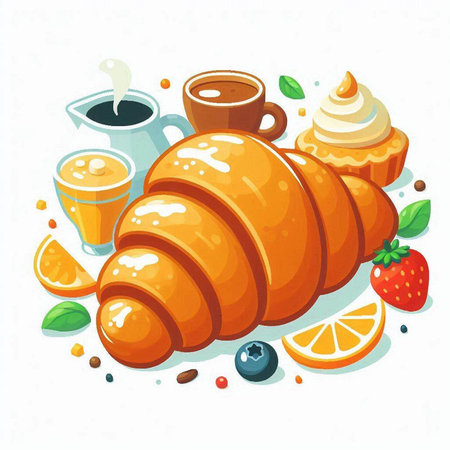 Breakfast with coffee, croissant, orange and berries. Vector illustration.のイラスト素材