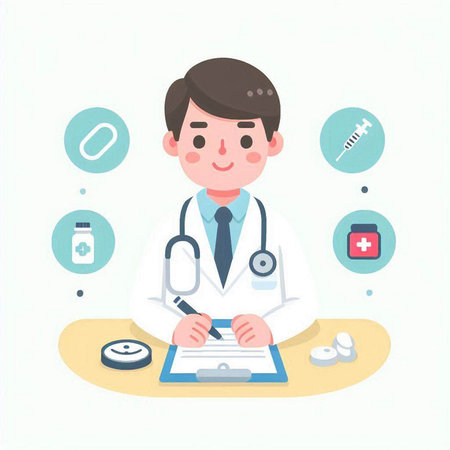 Male doctor writing prescription with medical icons. Vector illustration in flat styleのイラスト素材