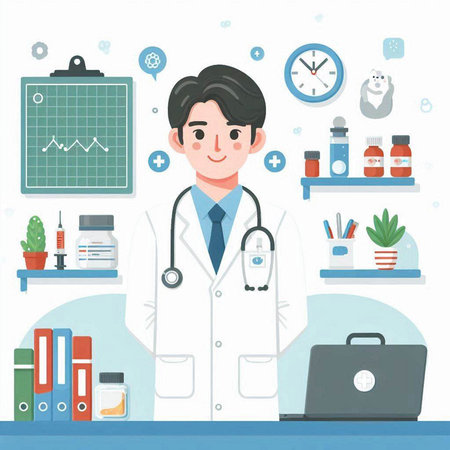 Male doctor with stethoscope and laptop in office. Vector illustration.のイラスト素材