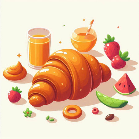 Freshly baked croissant, juice and fruits. Vector illustration.のイラスト素材