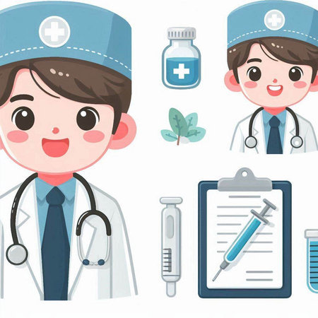 Medical doctor and nurse cartoon character vector illustration set. Cartoon male doctor with stethoscope and medical equipment.のイラスト素材