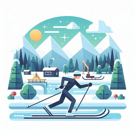 Ski resort flat vector illustration. Skier skiing in mountains.のイラスト素材