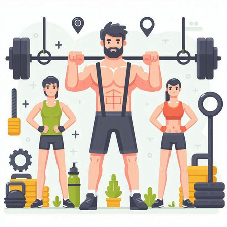 Man and woman doing exercises with dumbbells. Vector illustration in flat styleのイラスト素材