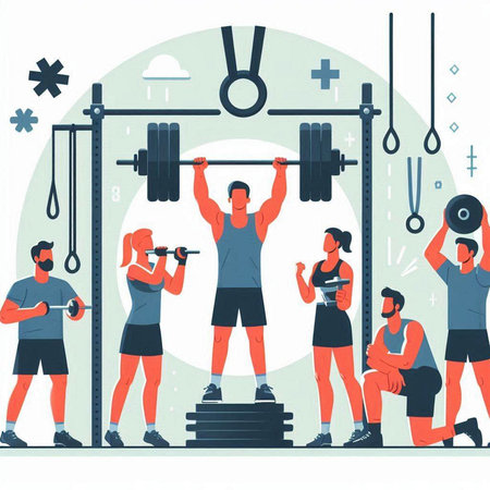 Fitness and bodybuilding concept with people lifting weights. Vector illustration in flat cartoon styleのイラスト素材
