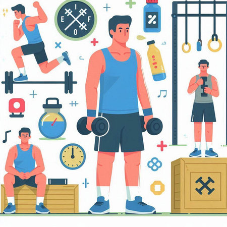 Fitness and healthy lifestyle concept. Man in sportswear doing exercises with dumbbells. Vector illustration in flat styleのイラスト素材