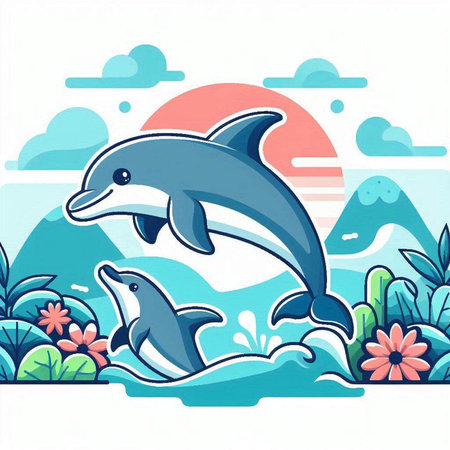 Dolphin jumping out of the water. Vector illustration in cartoon style.のイラスト素材