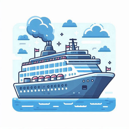 Cruise ship on the sea. Vector illustration in flat style.のイラスト素材