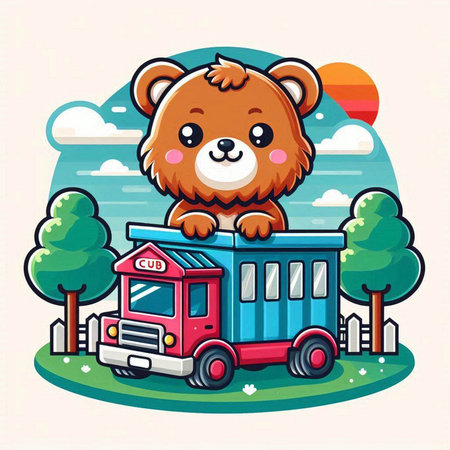 Cute cartoon bear on the train in the park. Vector illustrationのイラスト素材